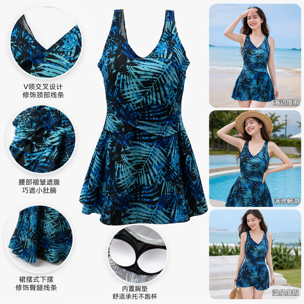 Moda estampado de una pieza bañador azul negro tropical hoja patrón slim bañador casual swimwear mujer