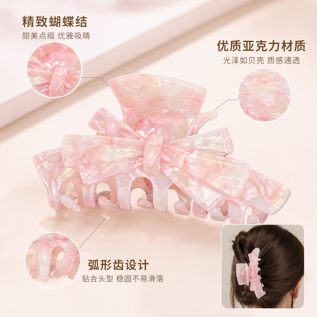 Pink marble-patterned bow hair clips, fashionable and sweet hair accessories, hair clips, cute hair accessories for girls, and dressing accessories full image