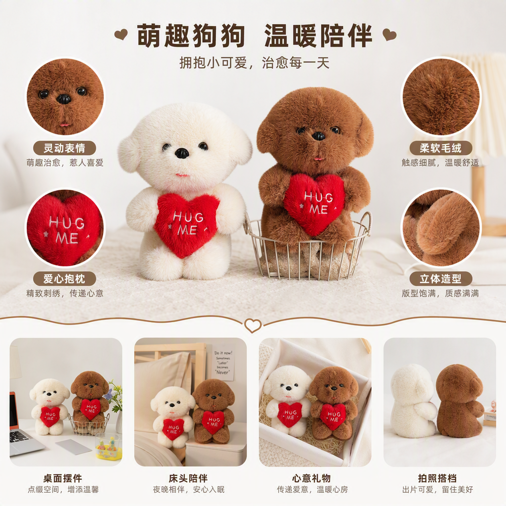 A cute white plush dog doll, a heart-shaped pillow, a brown plush dog sitting in a white iron basket as a companion gift full image