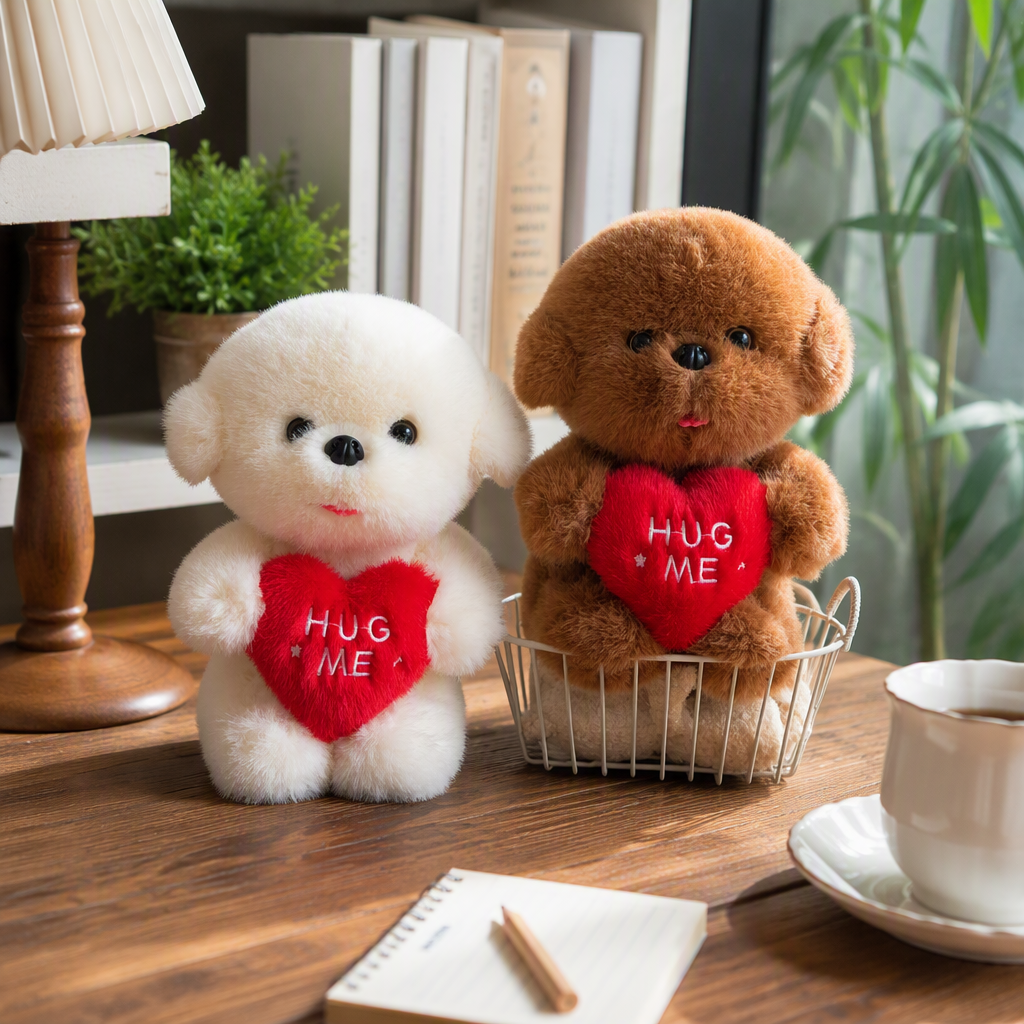 A cute white plush dog doll, a heart-shaped pillow, a brown plush dog sitting in a white iron basket as a companion gift details Picture
