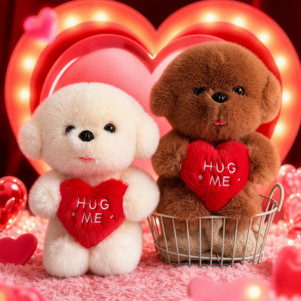 A cute white plush dog doll, a heart-shaped pillow, a brown plush dog sitting in a white iron basket as a companion gift Specification image