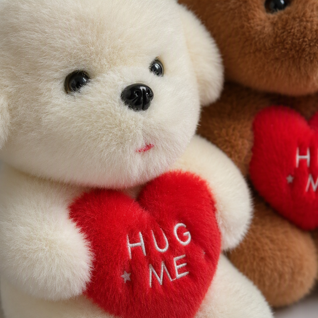 A cute white plush dog doll, a heart-shaped pillow, a brown plush dog sitting in a white iron basket as a companion gift Application Scenario