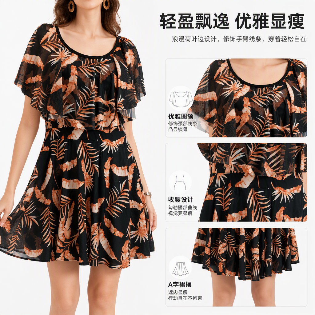 Tropical plant print dress, black and orange, casual and fashionable summer new women's wear, loose and slimming, trendy style