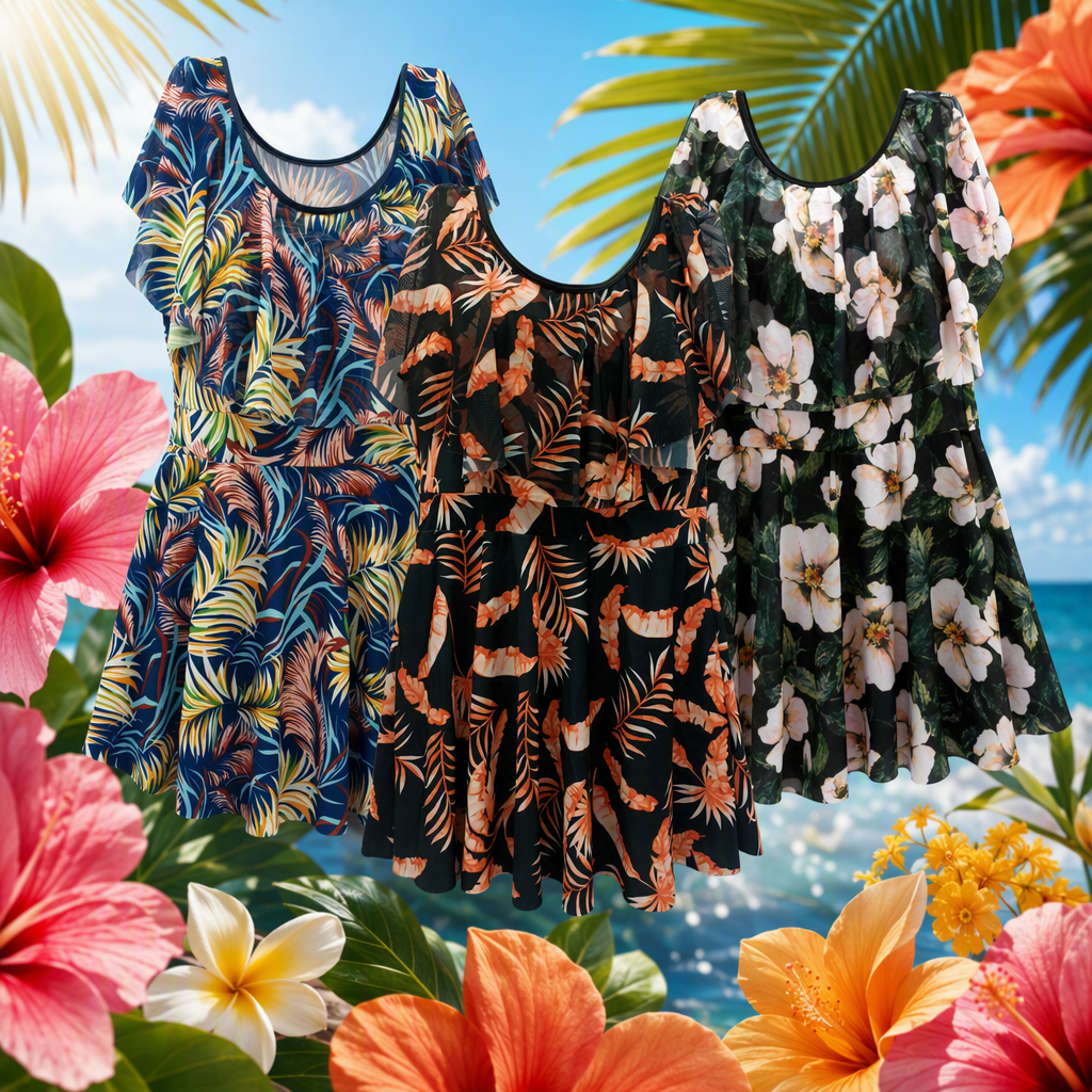 Tropical plant print dress, black and orange, casual and fashionable summer new women's wear, loose and slimming, trendy style Specification image