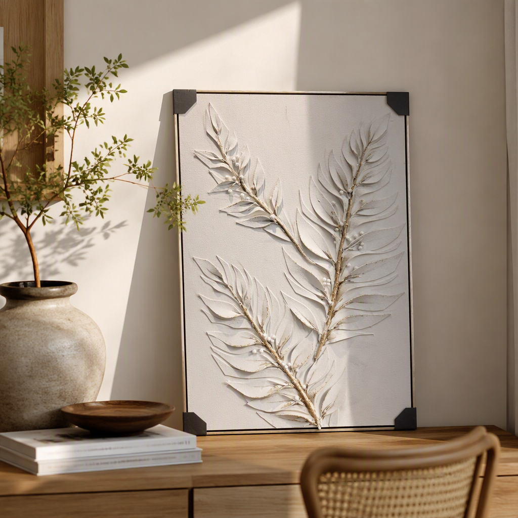 White relief leaf decorative painting, modern and simple living room background wall hanging art, creative decorative items details Picture