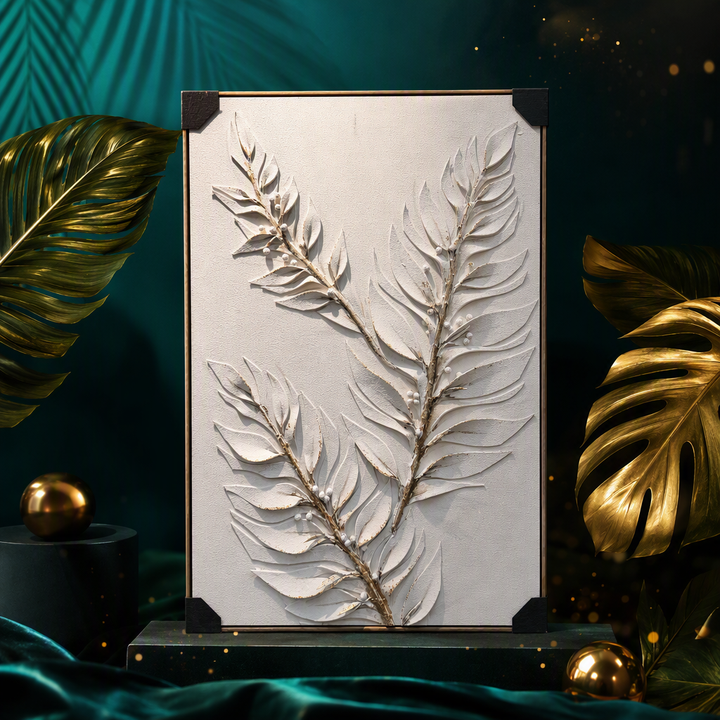 White relief leaf decorative painting, modern and simple living room background wall hanging art, creative decorative items Specification image