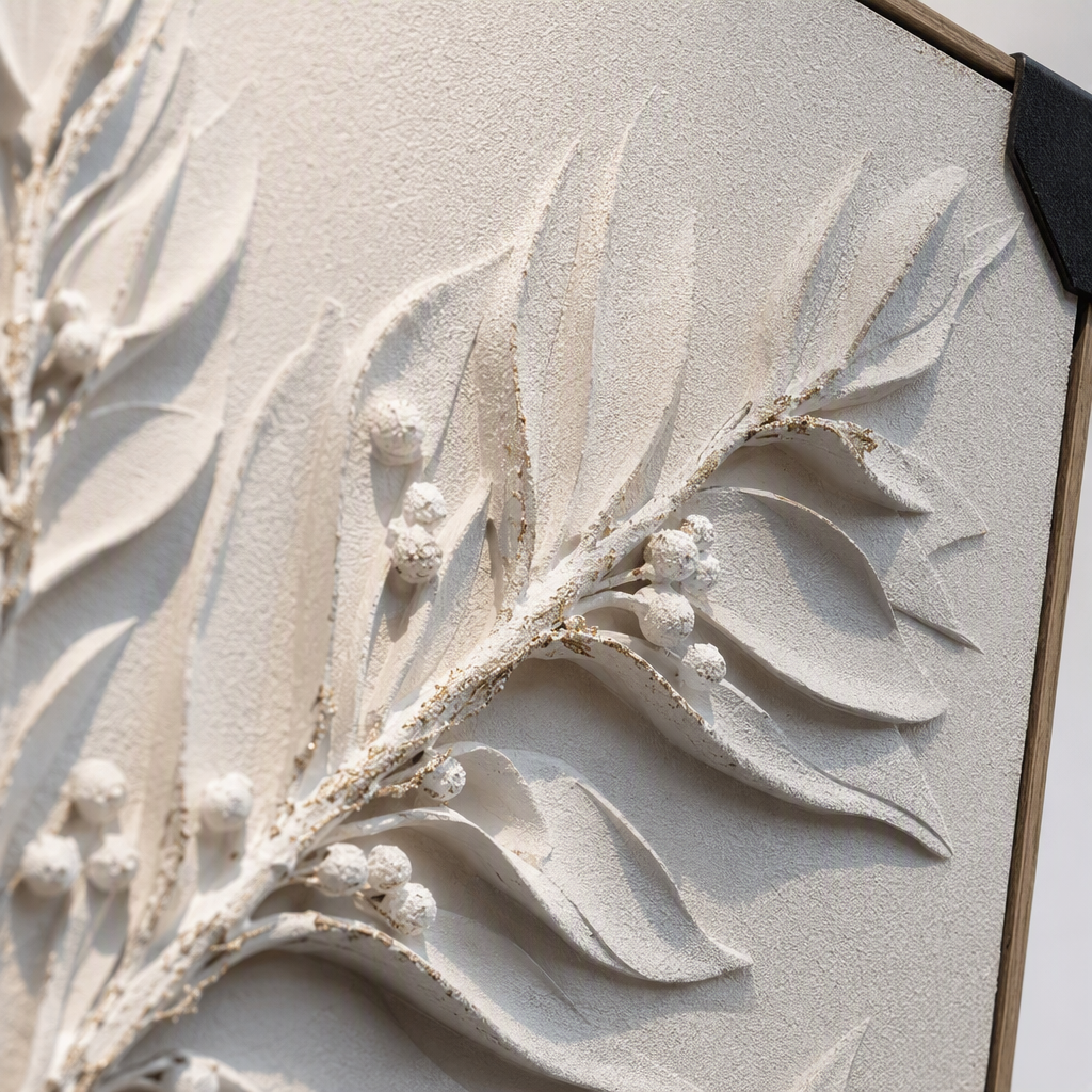 White relief leaf decorative painting, modern and simple living room background wall hanging art, creative decorative items Application Scenario