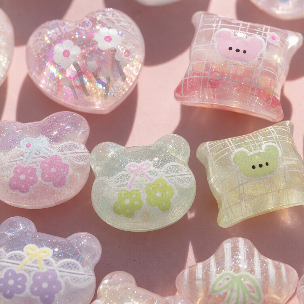 A variety of pink transparent crystal jewelry, heart-shaped cloud and star throw pillows, and bear head with cute pink patterns as gift ornaments Application Scenario