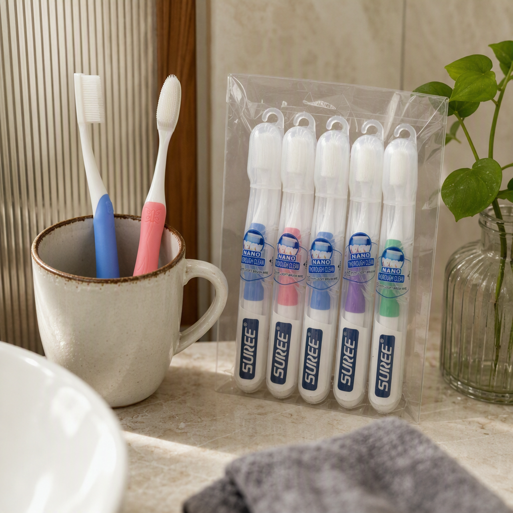 SUREE nano deep cleaning color handle cepillo de dientes cinco piezas paquete transparente confort grip productos para el cuidado dental details Picture
