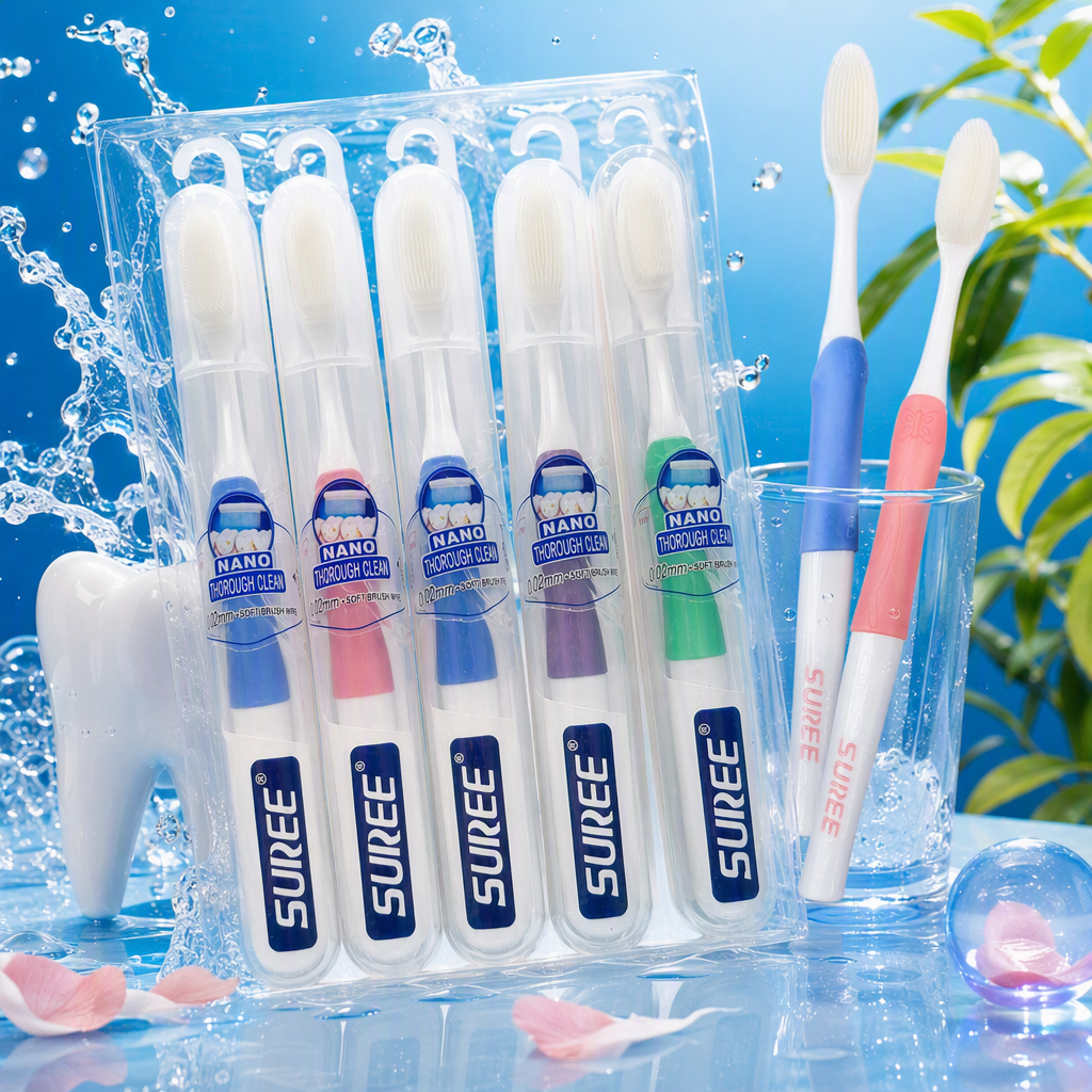 SUREE nano deep cleaning color handle cepillo de dientes cinco piezas paquete transparente confort grip productos para el cuidado dental Specification image