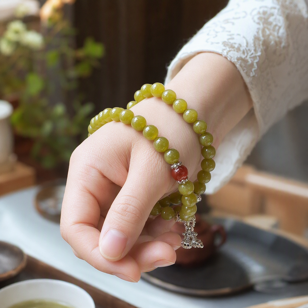 Fashionable avocado-colored jade bracelet, simple and versatile. Xiuyan jade bracelet, personalized and trendy. Hand-woven bracelet gift, 10mm Specification image