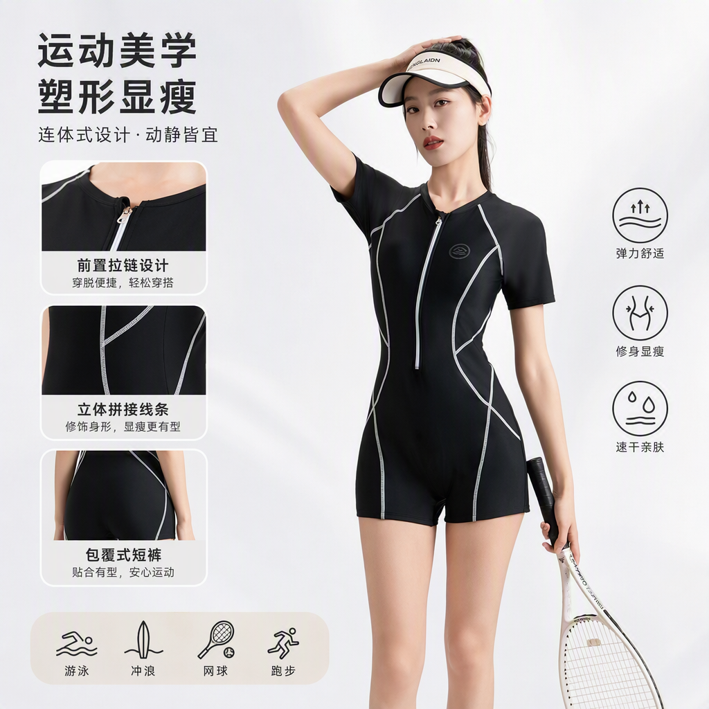 Fashionable black sports one-piece swimsuit for female models holding tennis rackets, casual and slimming swimsuit sportswear, trendy style