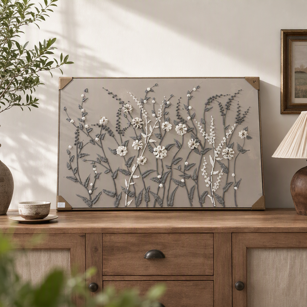 Grey background with white flower relief plant decorative painting, simple and modern living room and bedroom wall hanging art, home decoration details Picture