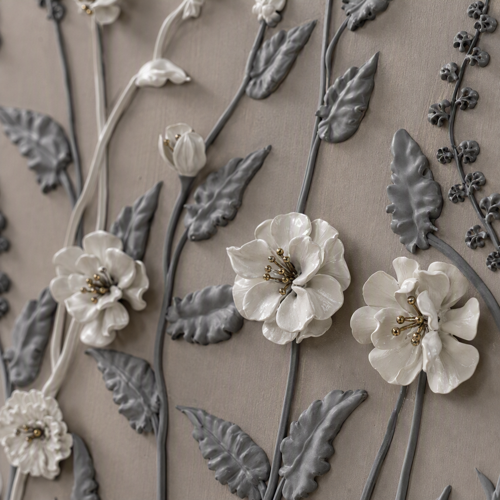 Grey background with white flower relief plant decorative painting, simple and modern living room and bedroom wall hanging art, home decoration Application Scenario