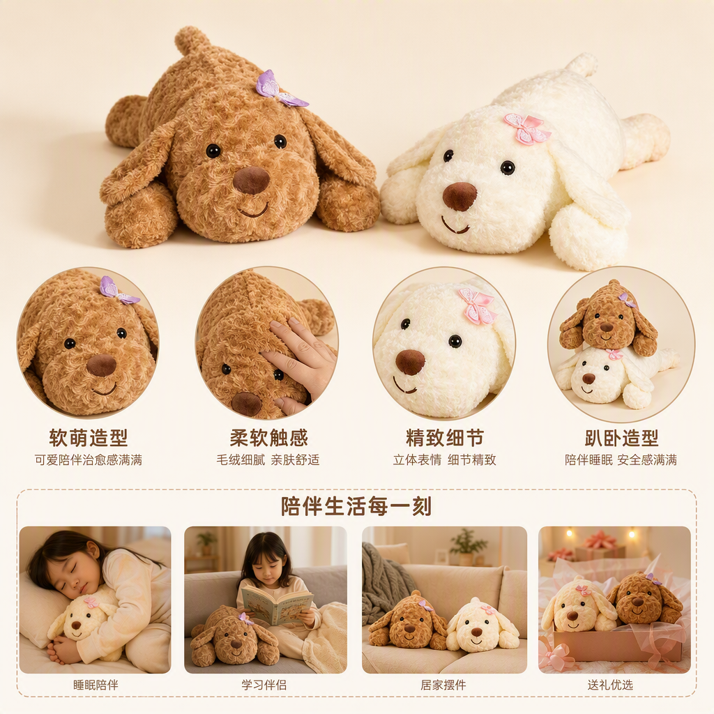 Cute brown and white plush dog doll, soft and adorable plush toy pillow full image