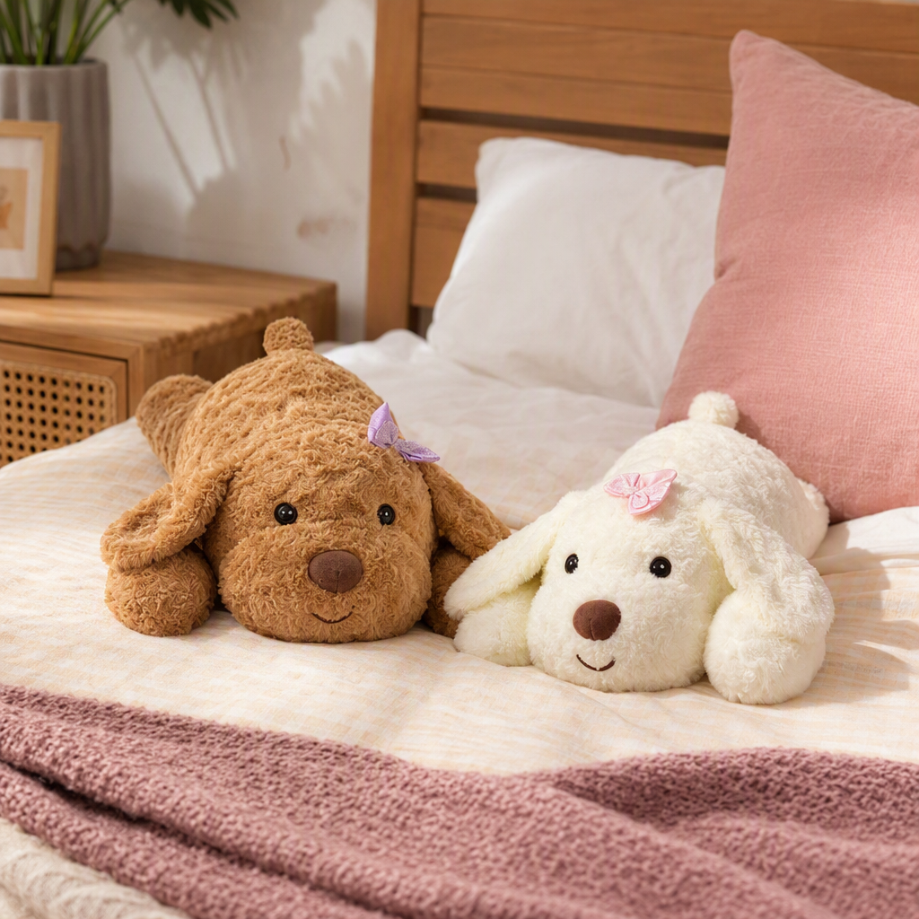 Cute brown and white plush dog doll, soft and adorable plush toy pillow details Picture