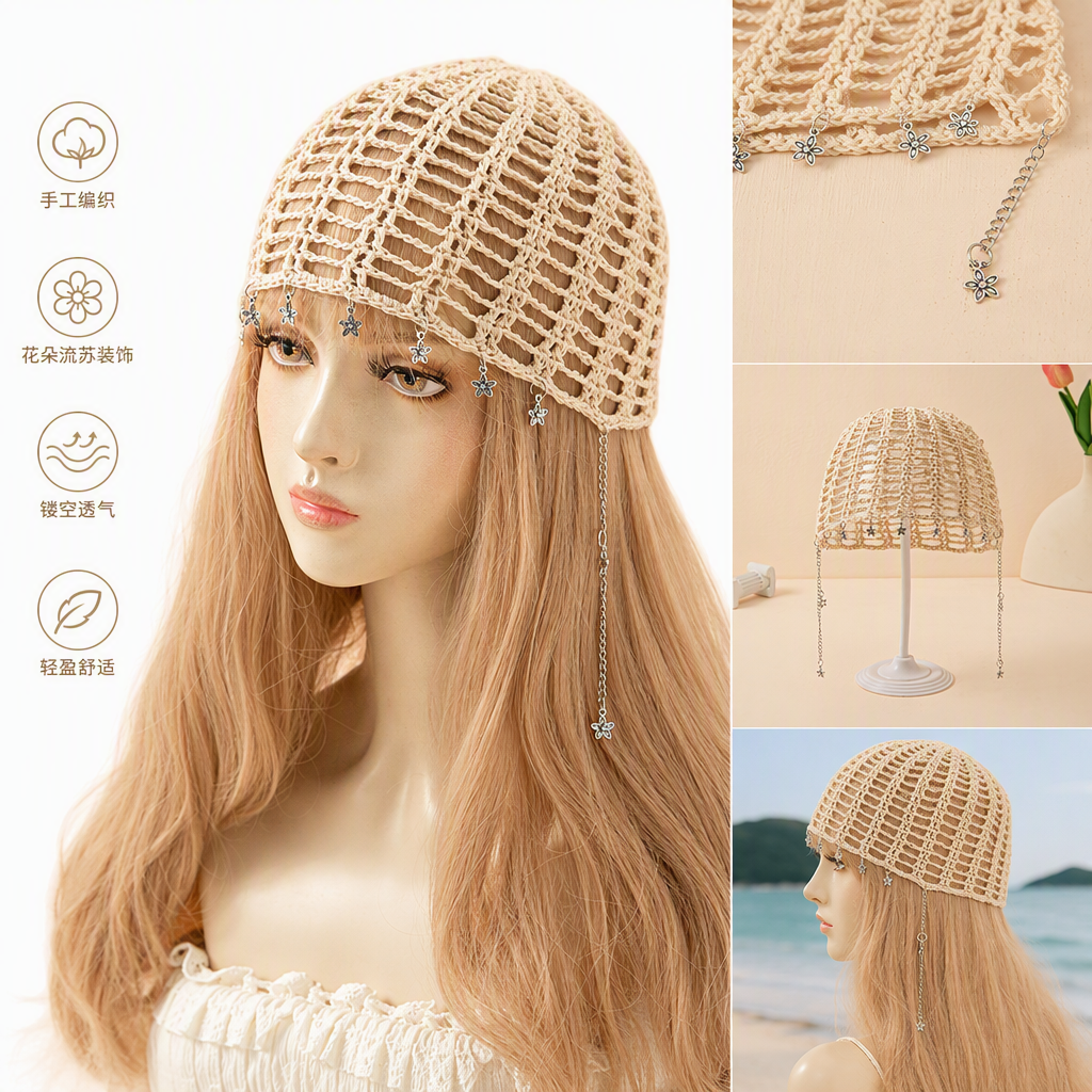 Beige crochet hair band with flower pendant, wig, model headwear, hand-woven hair accessory, fashionable and versatile full image