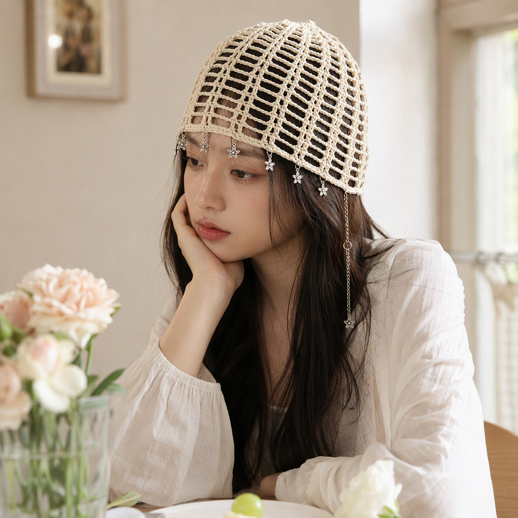 Beige crochet hair band with flower pendant, wig, model headwear, hand-woven hair accessory, fashionable and versatile details Picture