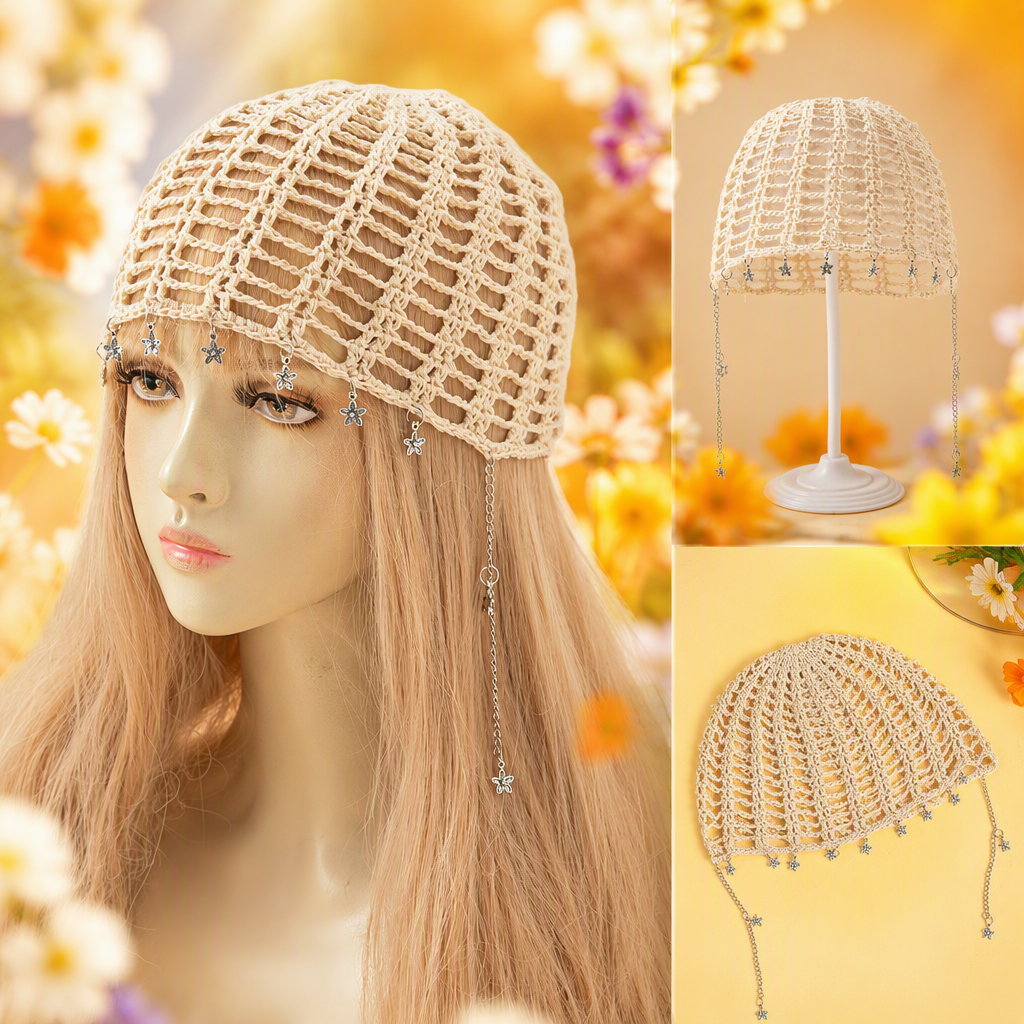 Beige crochet hair band with flower pendant, wig, model headwear, hand-woven hair accessory, fashionable and versatile Specification image