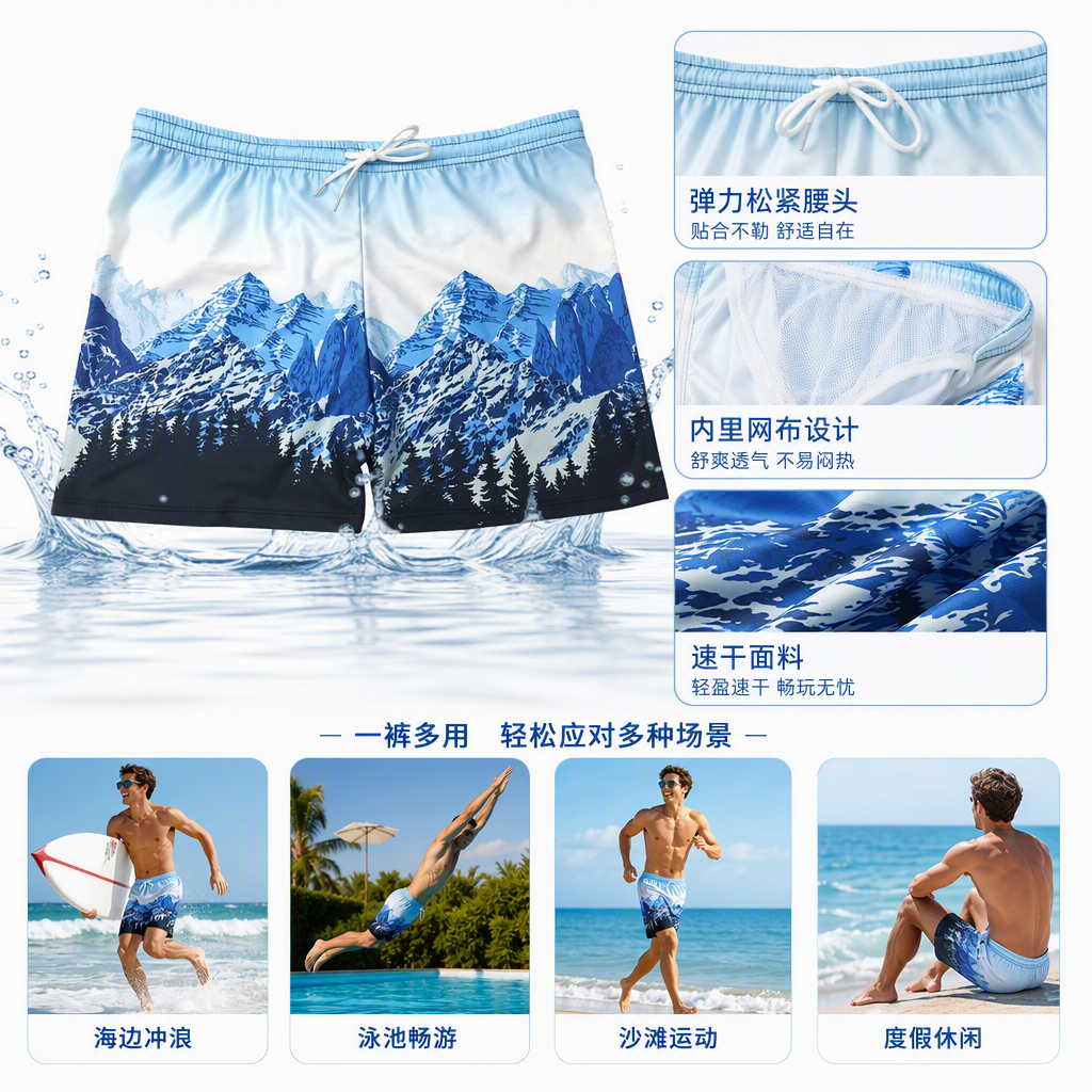 Azul nieve montaña bosque patrón pantalones casuales transpirable cómodo verano hombres pantalones deportivos de cinco puntos tendencia versátil