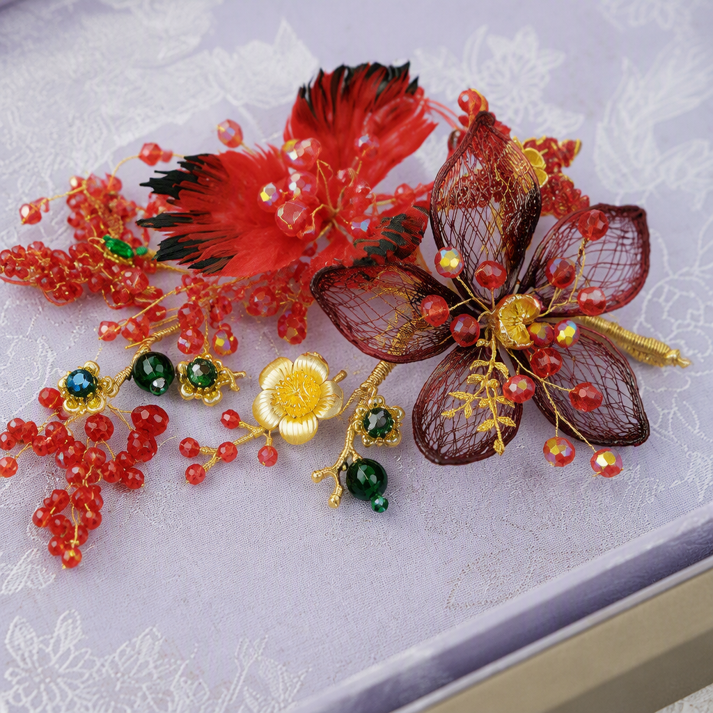 Fashionable red floral hair accessories, hair clips, elegant and sweet headwear for girls, versatile hair accessories and dressing accessories Application Scenario