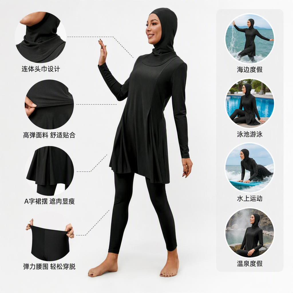 Fashionable women's black one-piece swimsuit with headscarf casual swimming swimsuit, sexy and slimming swimsuit set