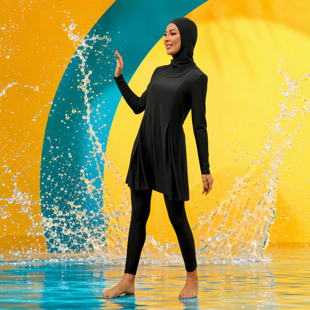 ملابس سباحة سوداء مع عمامة للسباحة، ملابس سباحة مثيرة ورقيقة Specification image