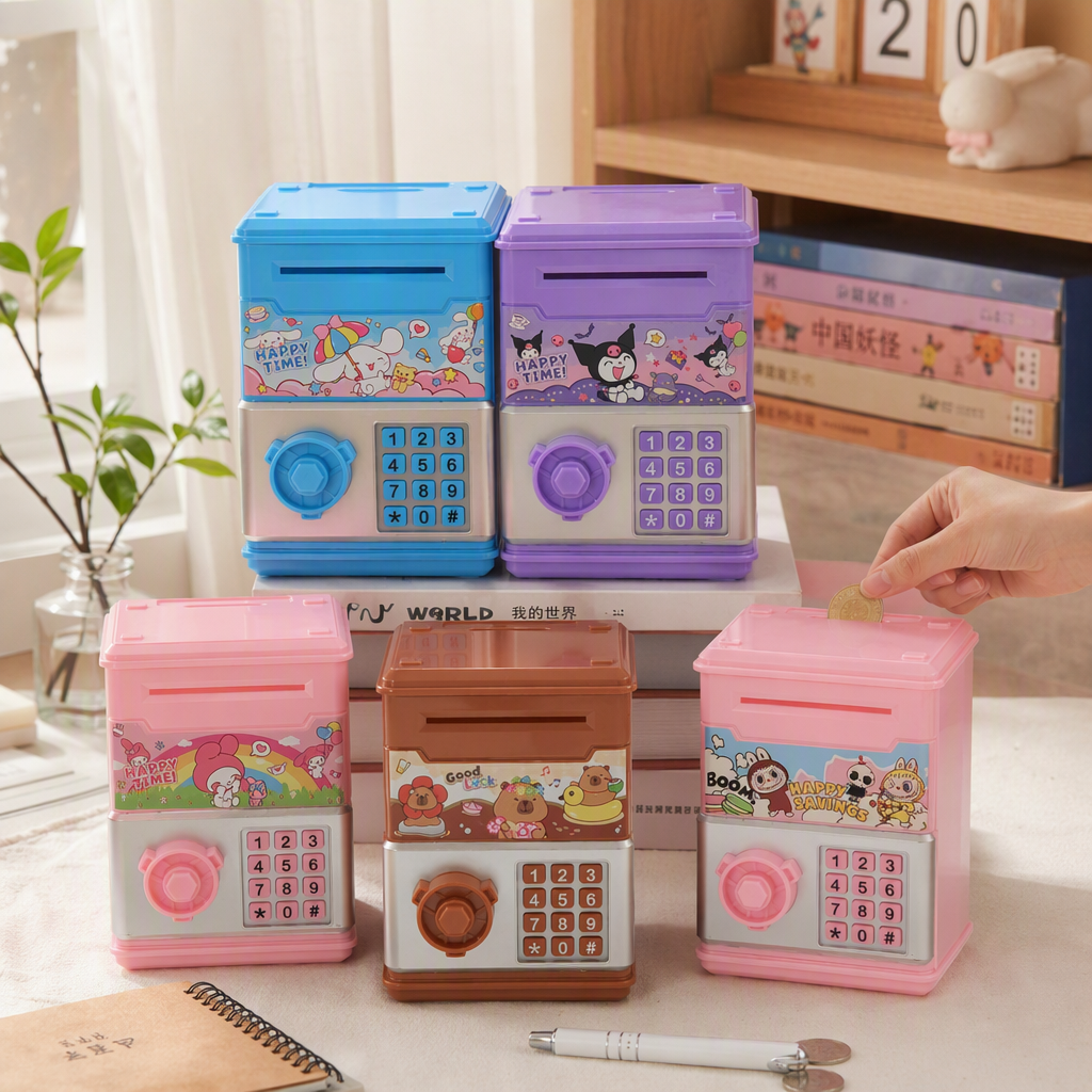 Cross-border cartoon children's piggy bank, password box, large-capacity simulation intelligent deposit machine, children's savings toy