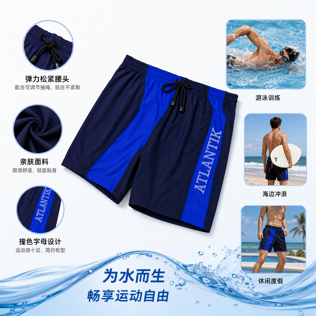 Deep blue and bright blue color-matched breathable and quick-drying casual fitness swimming shorts Deep blue and bright blue color-matched breathable and quick-drying casual fitness swimming shorts