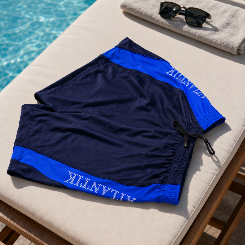 Deep blue and bright blue color-matched breathable and quick-drying casual fitness swimming shorts details Picture
