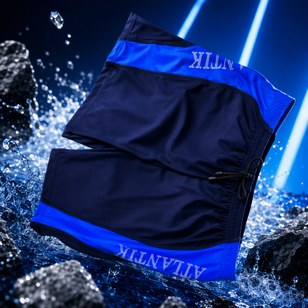 Deep blue and bright blue color-matched breathable and quick-drying casual fitness swimming shorts Specification image