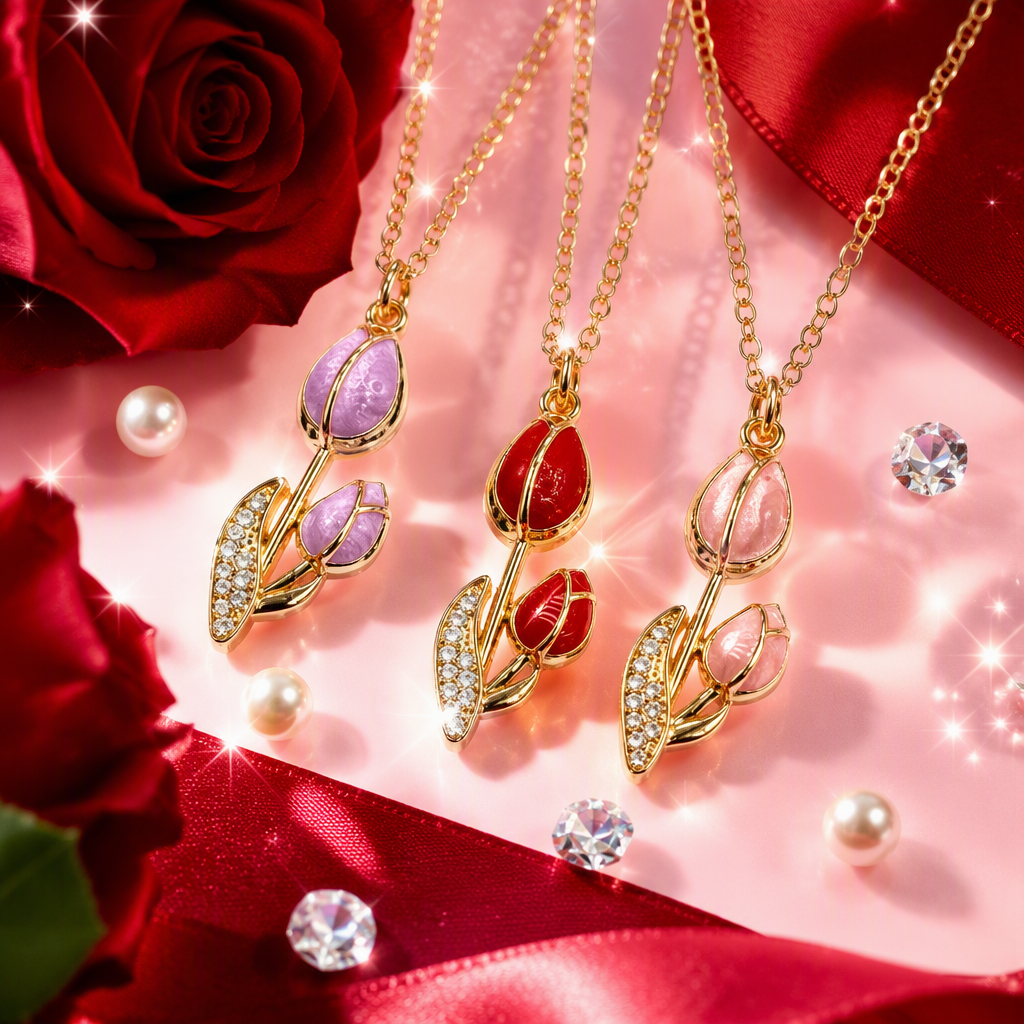 Golden tulip-shaped necklace stud set, purple-red and pink main pendant with card accessory gift Specification image