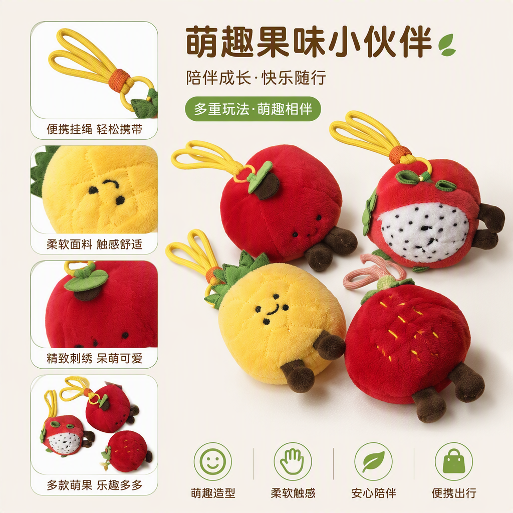 Four cute fruit-shaped plush pendants: red strawberry pitaya and yellow pineapple. Fun handcrafted fabric pendants for gift bags full image