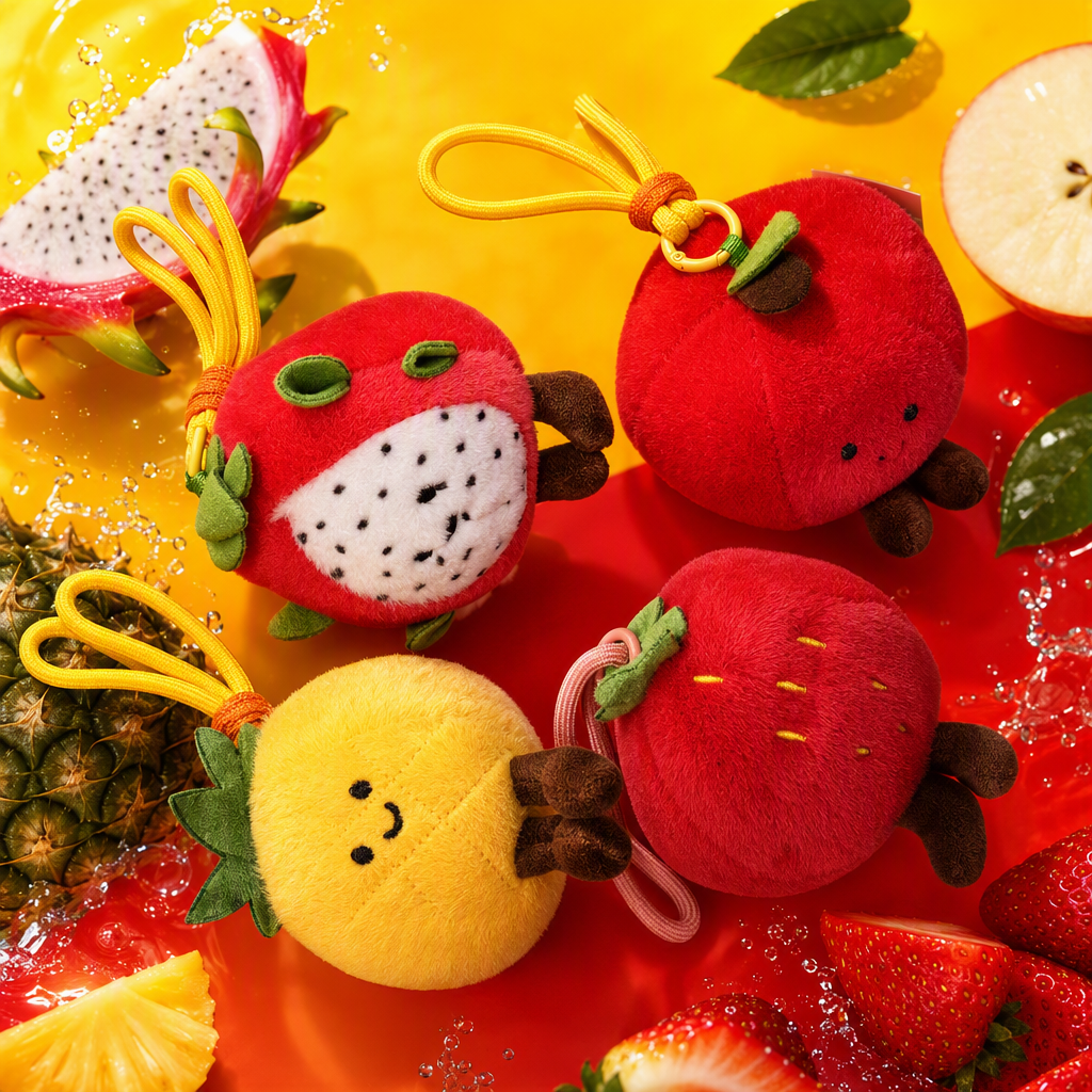 Four cute fruit-shaped plush pendants: red strawberry pitaya and yellow pineapple. Fun handcrafted fabric pendants for gift bags Specification image