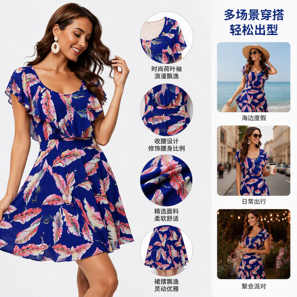 Tropical estampado vestido largo verano nuevo color patrón hoja casual falda suelta para las mujeres