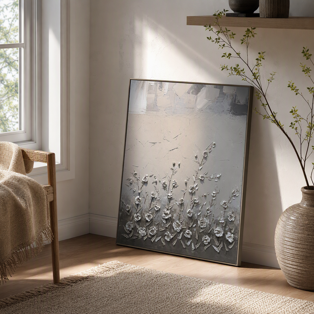 Modern and simple gray-white relief floral decorative paintings and mural-style decorative items for the living room, dining room and bedroom details Picture