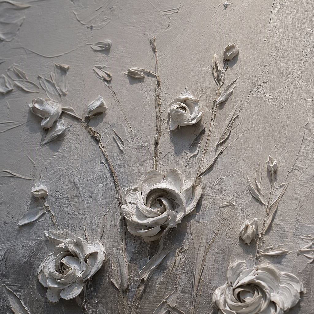 Modern and simple gray-white relief floral decorative paintings and mural-style decorative items for the living room, dining room and bedroom Application Scenario