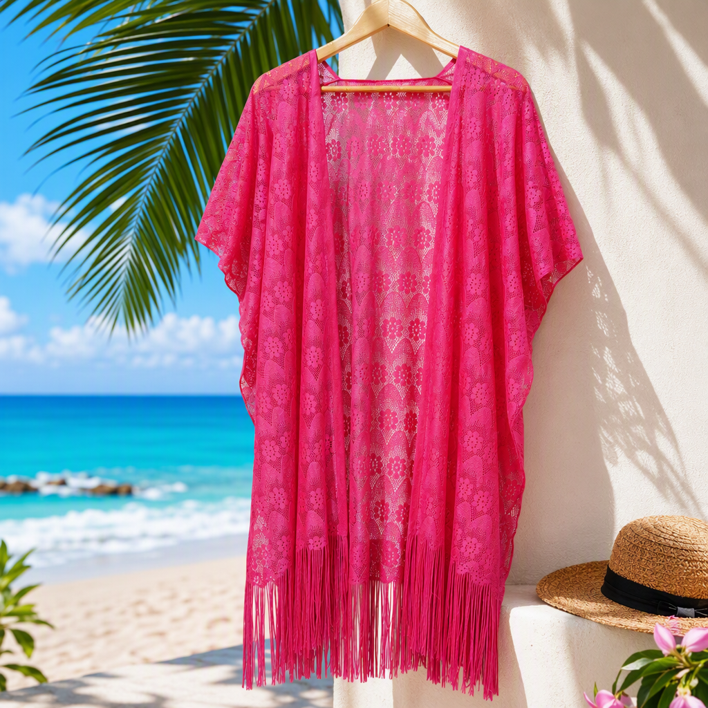 Elegante encaje rosa borlas largo cardigan mujer primavera otoño versátil fino abrigo moda casual punto chal Specification image