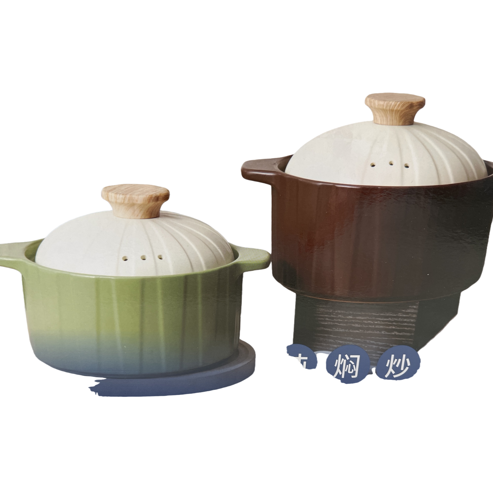 The multi-functional ceramic stew pot is green and brown with a wooden handle and white with a hole cover. It is a household soup pot that is heat-resistant and durable Item Picture