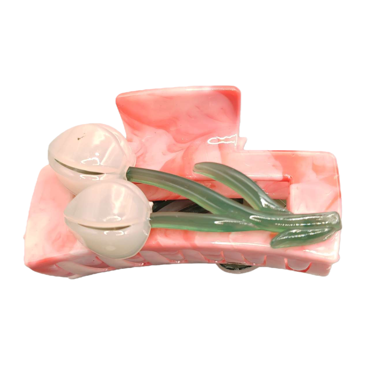 Pink marble-patterned hair clips, white flowers and green stems embellish fashionable hair accessories and hairstyle ornaments Item Picture