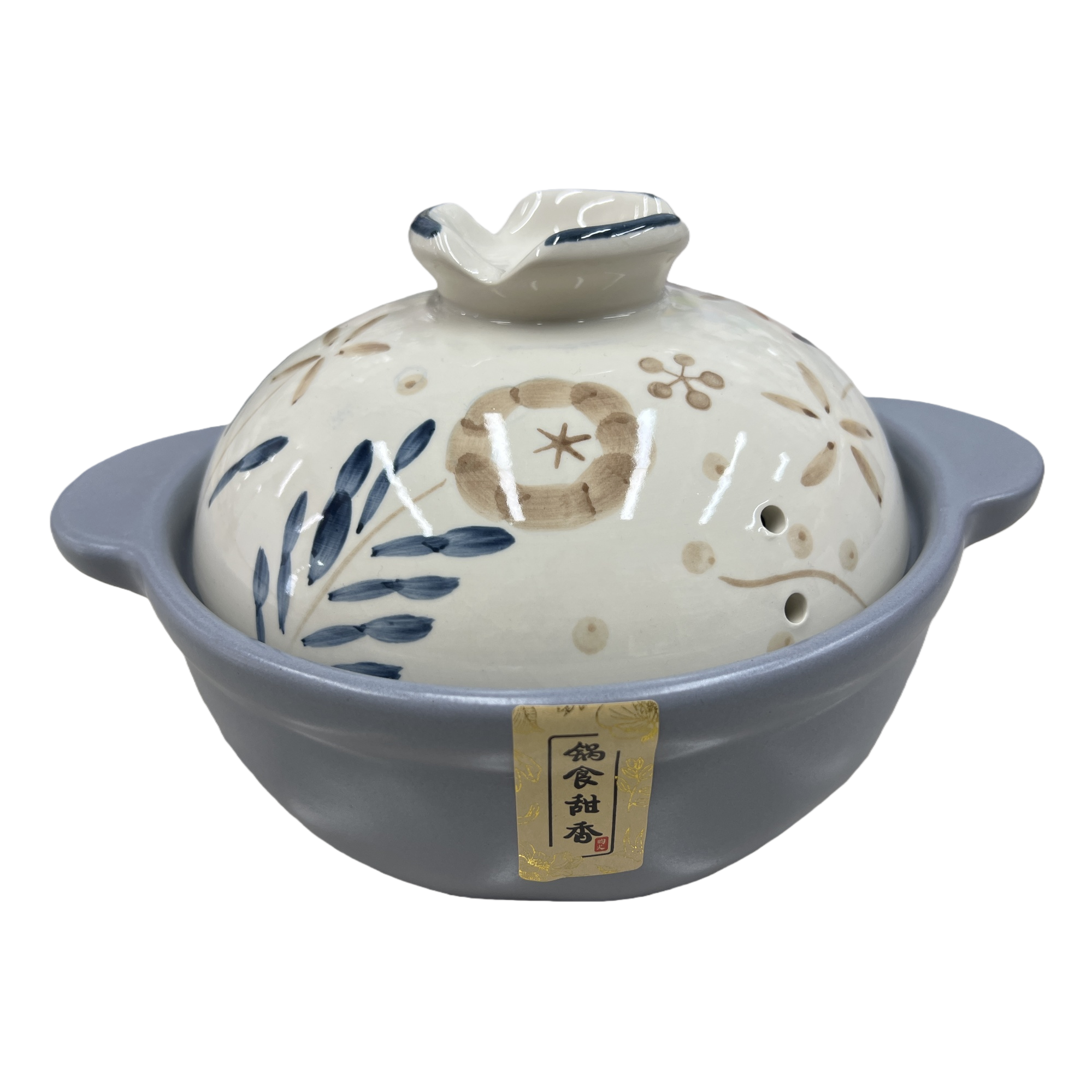 Blue-gray ceramic pot with floral pattern lid, heat-resistant and non-stick, kitchen stewing soup pot, household cookware Item Picture
