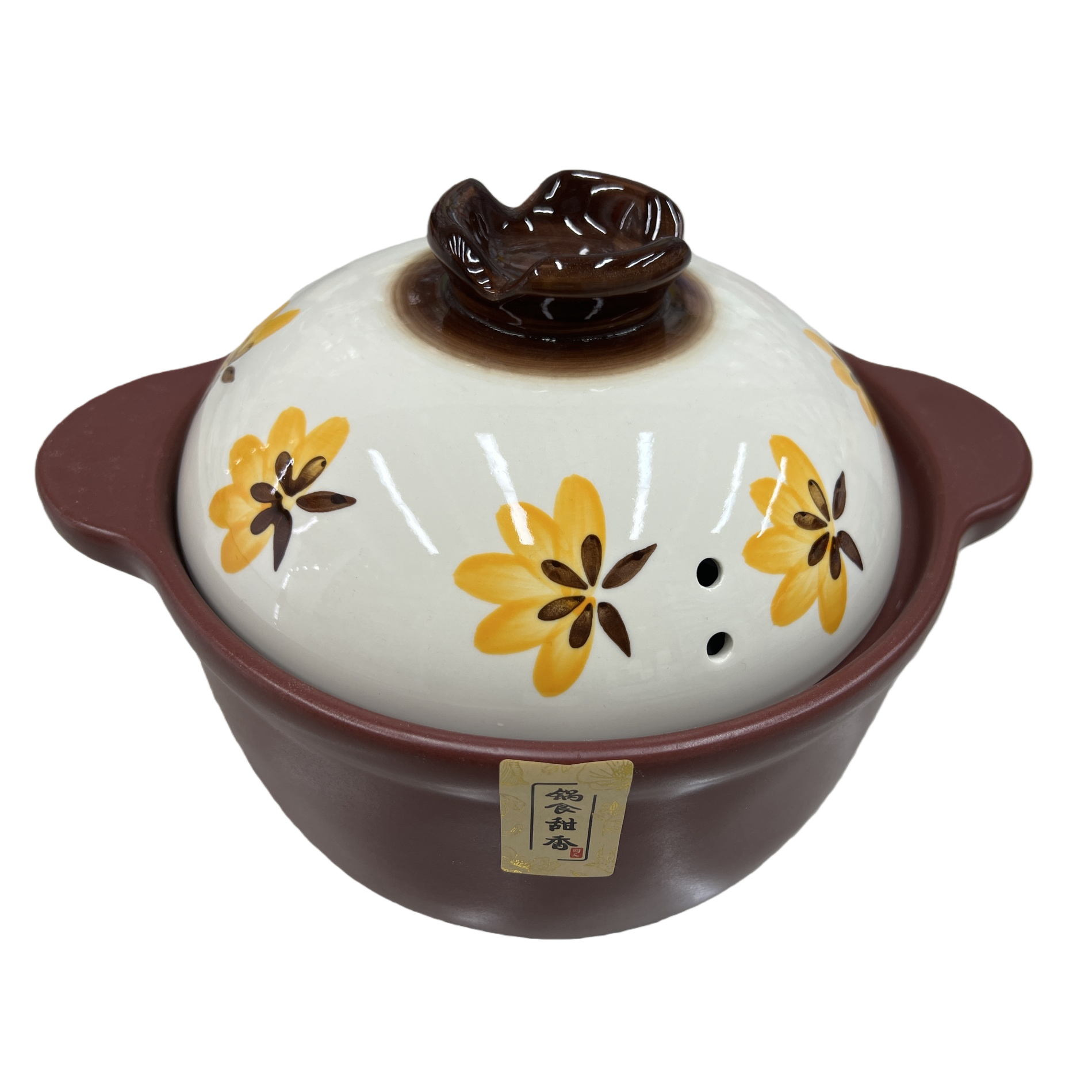 Elegant floral ceramic stew pot, white lid, brown glazed surface, multi-functional soup pot, household kitchenware Item Picture