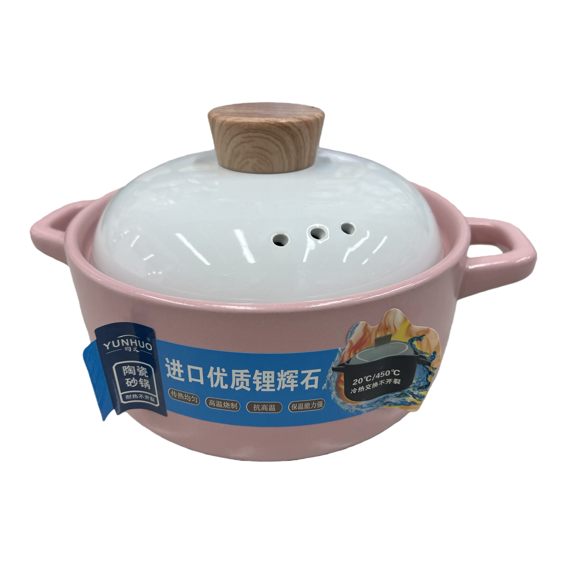 Pink ceramic clay pot with white lid and wooden handle, household stewing pot kitchenware, heat-resistant and durable Item Picture