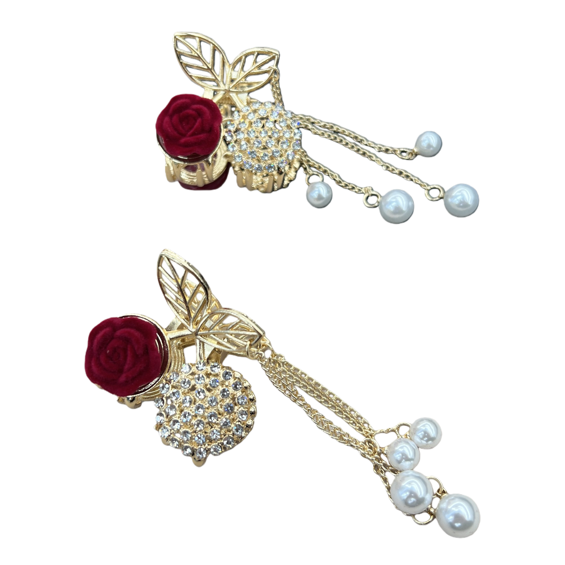 New Chinese-style wine red velvet rose grappling clip, diamond-encrusted tassel pendant, shark clip, festive bride's updo headwear, hair clip Item Picture