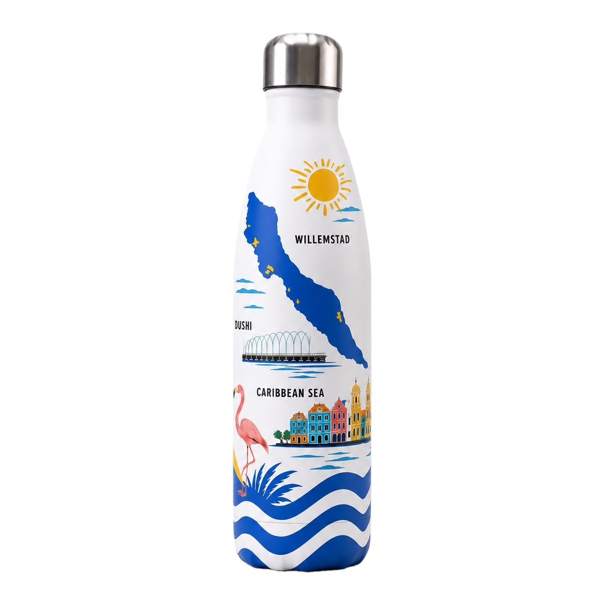 Curacao creative painted white water bottle with island flamingos, sun and wave patterns, portable sports water bottle, student outdoor travel supplies Item Picture