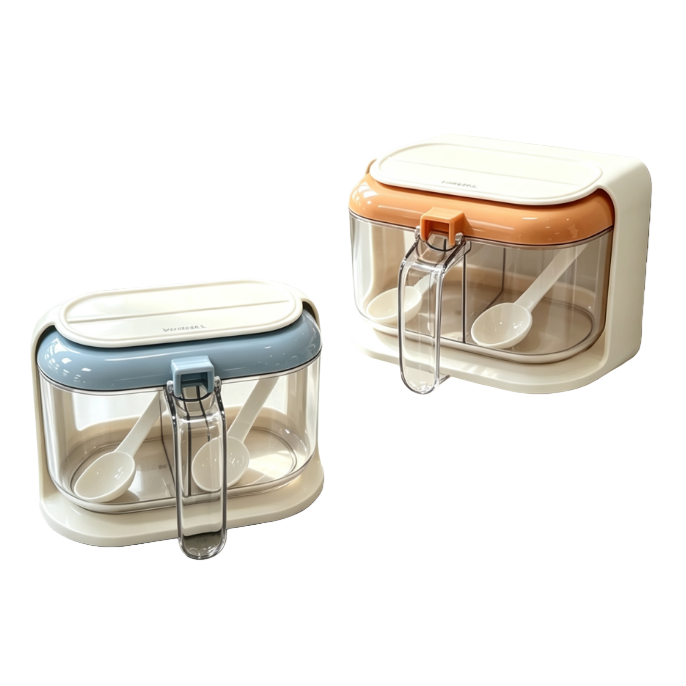 【CL】26Q3#638 Yaxu Two-compartment wall-mounted Seasoning Box with spoon Kitchen Seasoning jar Wall-mounted seasoning box Specification image