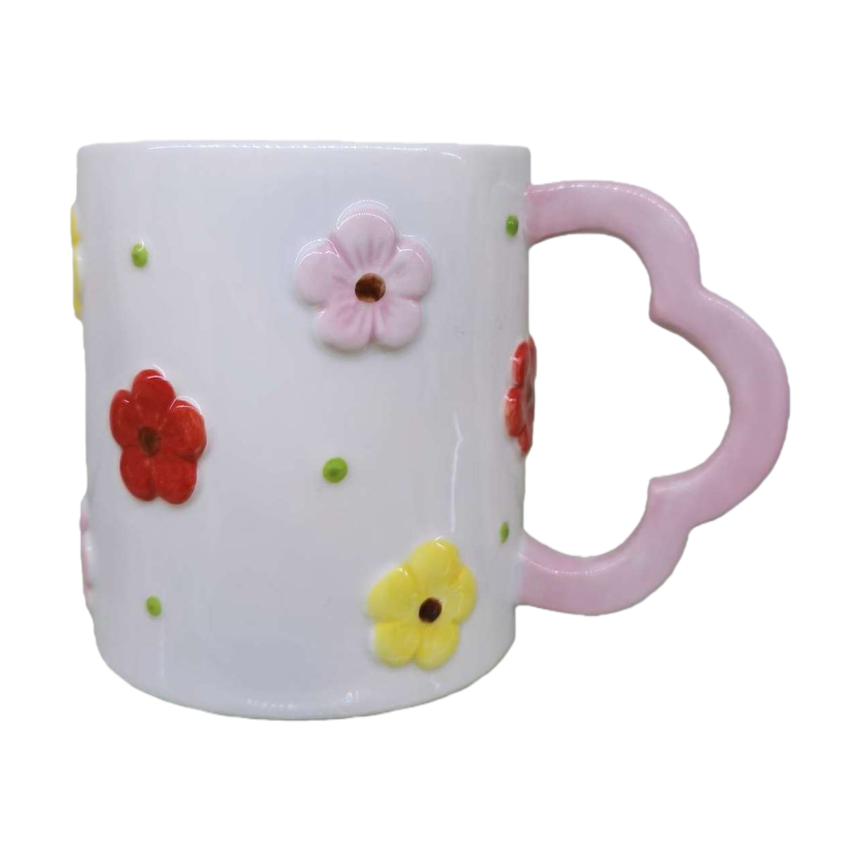 White ceramic cup, pink heart-shaped handle, colorful three-dimensional flower decoration, creative coffee and tea set gift, household heat-resistant Item Picture