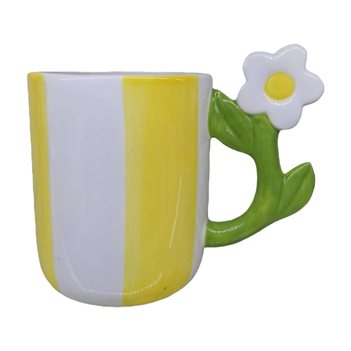 Yellow and white striped ceramic cup with daisy-shaped green handle, creative coffee water cup, household daily necessities Item Picture