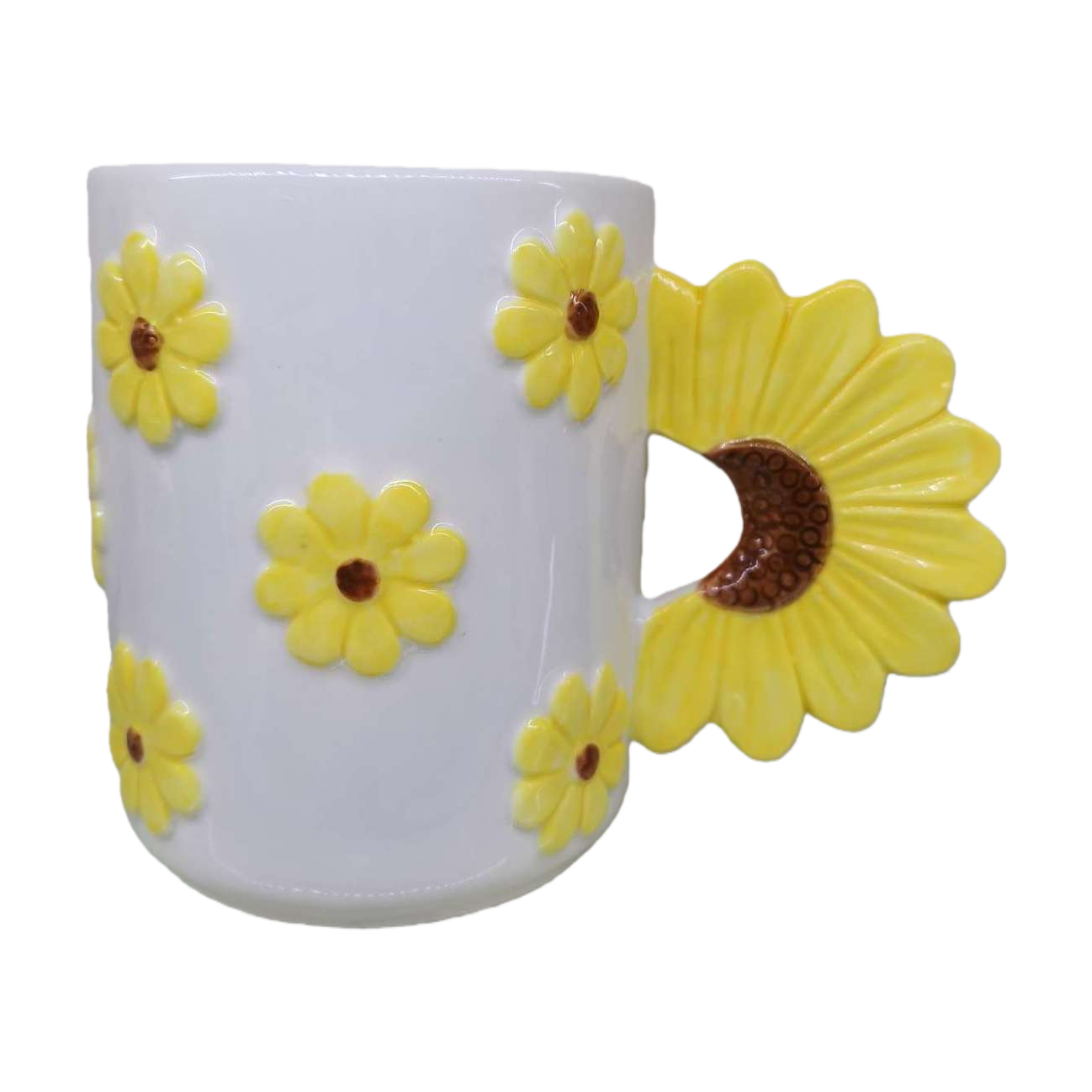 White ceramic cup, yellow Daisy pattern sunflower handle, creative coffee and tea set, home and office gift Item Picture