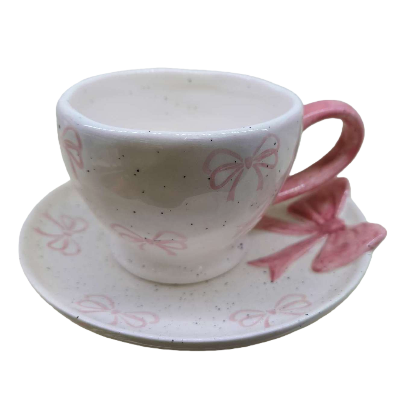 The white ceramic cups and plates with pink bows are cute. This home breakfast coffee and tea set is simple and fashionable Item Picture